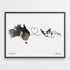 Australia to Indonesia Print, Indian Gift, Marble Two Countries Map Poster, Travel Art, Home Abroad Map, C22-878