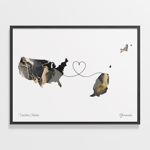 USA to Grenada Print, Grenadian Gift, Marble Two Countries Map Poster, US Wall Art, Moving Abroad Gift, C22-70