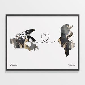 Canada to Tunisia Print, Trinidadian Gift, Marble Two Countries Map Poster, Travel Art, Expatriate, C22-780