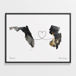 Florida to New Jersey Print, New Jersey Geschenk, Marmor Zwei Länder Karte Poster, Reisekunst, Im Ausland leben Geschenk, C22-1330