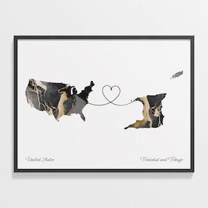 USA to Trinidad und Tobago Druck, Trinidadisches Geschenk, Marmor Zwei Länder Karte Poster, US Wandkunst, Zuhause im Ausland, C22-183