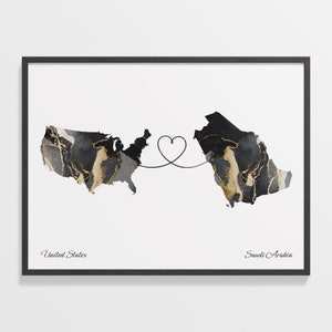 USA to Saudi-Arabien Print, Saudi-arabisches Geschenk, Marmor zwei Länder Karte Poster, US Wandkunst, Willkommen zu Hause, Karte, C22-158