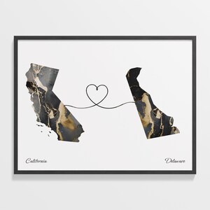 California to Delaware Print, Delawarean Gift, Marble Two Countries Map Poster, Travel Art, New Country, C22-1203
