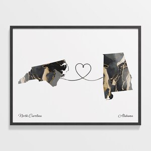 North Carolina to Alabama Print, Alabamian Gift, Marble Two Countries Map Poster, Travel Art, Relationship Gift, C22-1612