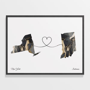 New York Indiana Druck, Hoosier Geschenk, Marmor zwei Länder Karte Poster, Reisekunst, Umzug Geschenk, C22-1366
