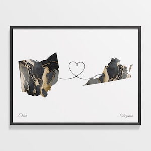 Ohio to Virginia Print, Virginian Gift, Marble Two Countries Map Poster, Travel Art, Adventure Awaits Map, C22-1553