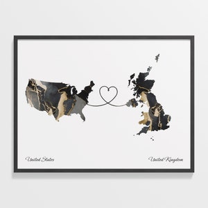USA United Kingdom Print, Britisches Geschenk, Marmor Zwei Länder Karte Poster, US Wandkunst, Global Love Geschenk, C22-190