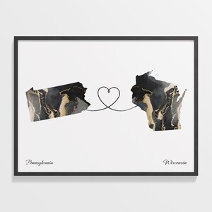 Pennsylvania to Wisconsin Print, Wisconsinite Geschenk, Marmor zwei Länder Karte Poster, Reisekunst, Abschied Reisekarte, C22-1452