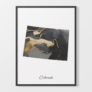 Impression d'art du Colorado, affiche de carte du Colorado, oeuvre d'art de pays élégante, peinture CO noir et or, art abstrait de la carte, C25-206
