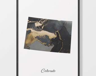 Colorado Map Art Print: Black and Gold Abstract Painting