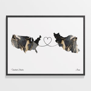 USA to Iran Print, iranisches Geschenk, Marmor Zwei Länder Karte Poster, US Wandkunst, Zuhause im Ausland, C22-84
