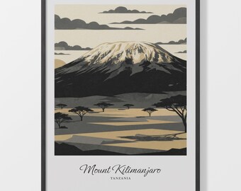 Kilimanjaro Poster, Black and Beige Mountain Art Print