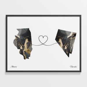Illinois naar Nevada print, Nevadan cadeau, marmer twee landen kaart poster, reizen kunst, overzeese liefde, C22-1488