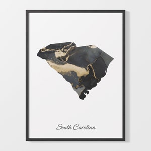 South Carolina Kunst Druck, Südcarolinian Karte Poster, Elegantes Land Kunstwerk, Schwarz und Gold SC Malerei, Kunstsammlerkarte, C25-240