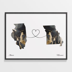 Illinois to Missouri Print, Missourian Gift, Marble Two Countries Map Poster, Travel Art, Borderless Love, C22-1479