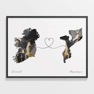 Ireland to Mozambique Print, Moroccan Gift, Marble Two Countries Map Poster, Travel Art, Expat Gift, C22-1120