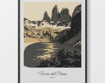 Chile Travel Poster, Beige And Charcoal Torres Del Paine Mountain Lake Art Print
