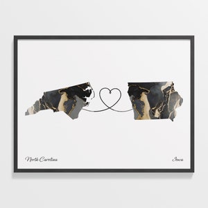 North Carolina to Iowa Print, Iowan Gift, Marble Two Countries Map Poster, Travel Art, Goodbye, C22-1623