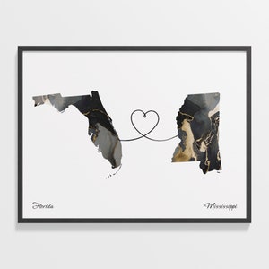 Florida naar Mississippi print, Mississippian cadeau, marmer twee landen kaart poster, reizen kunst, studie in het buitenland cadeau, C22-1324
