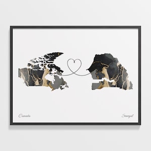 Impression du Canada au Sénégal, cadeau saoudien, affiche de carte de deux pays en marbre, art du voyage, carte continentale de l'amour, C22-755