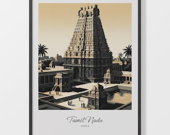 Temple Art Print, Tamil Nadu Giclée Poster in Beige and Black
