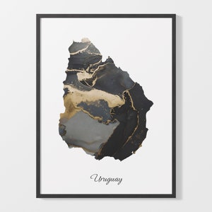 Impressão artística do Uruguai, pôster do mapa uruguaio, arte elegante do país, pintura UY preta e dourada, arte abstrata do país, C25-191