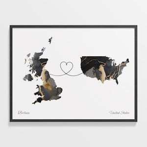 Von Großbritannien in die Vereinigten Staaten Druck, Britisches Geschenk, Marmor Zwei Länder Karte Poster, UK Wandkunst, Global Love Karte, C22-389