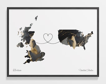 Britain USA Map Print: Marble Two Countries Art