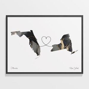 Print Florida naar New York, New Yorker cadeau, marmer twee landen kaart poster, reiskunst, cadeau tussenjaar, C22-1333