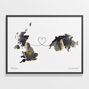 Grossbritannien in die Schweiz Druck, Schweizer Geschenk, Marmor Zwei Länder Karte Poster, UK Wandkunst, Auslandskarte, C22-374