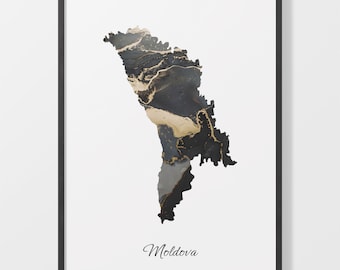 Moldova Map Art Print: Black and Gold Abstract Country Artwork