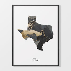Impresión de arte de Texas, cartel de mapa de Texas, obra de arte elegante del país, pintura de TX en negro y oro, mapa artesanal, C25-243