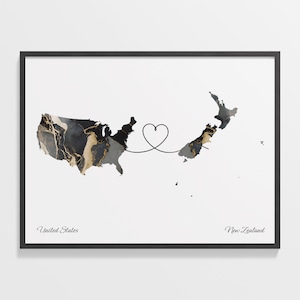 Print VS naar Nieuw-Zeeland, Nieuw-Zeelander cadeau, marmer twee landen kaart poster, kunst aan de muur VS, LDR, C22-132