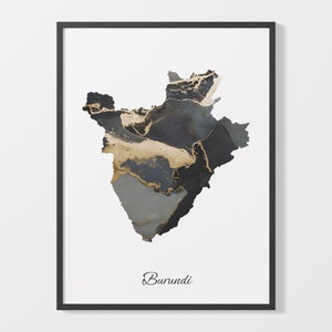 Burundi Art Print, Burundische Karte Poster, Elegantes Land Kunstwerk, Schwarz und Gold Bi Malerei, Glänzender Wanddruck, C25-29