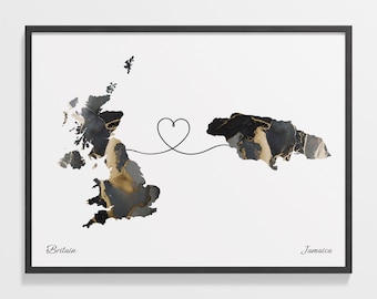 Britain Jamaica Map Print: Two Countries Art, Global Love Gift