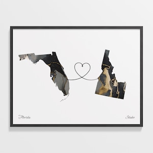 Print Florida naar Idaho, cadeau van Idaho, marmer twee landen kaart poster, reiskunst, vriendschapscadeau, C22-1312
