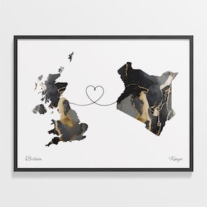 Großbritannien Kenia Druck, Kenia Geschenk, Marmor zwei Länder Karte Poster, Wandkunst Großbritannien, Länder Herz, C22-294
