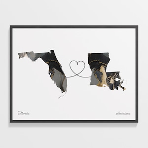 Florida to Louisiana Print, Louisianan Geschenk, Marmor Zwei Länder Karte Poster, Reisekunst, Expat, C22-1317