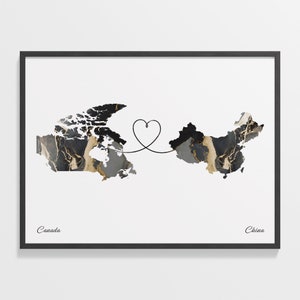 Canada to China Print, Chilean Gift, Marble Two Countries Map Poster, Travel Art, Goodbye Gift, C22-634