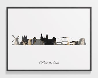 Amsterdam Skyline Print: Black & Gold Marble Cityscape Art