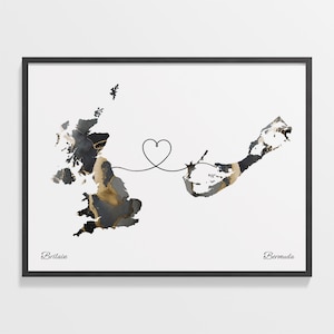 Impresión de Gran Bretaña a Bermudas, Regalo de Bermudas, Cartel de mapa de dos países de mármol, Arte de la pared del Reino Unido, Emigración, C22-219