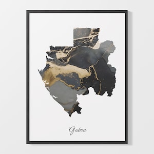 Gabon Art Print, Gabonese Map Poster, Elegant Country Artwork, Black and Gold GA Painting, Gold accent art, C25-64