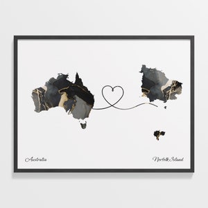 Australia to Norfolk Island Print, Norfolk Islander Gift, Marble Two Countries Map Poster, Travel Art, Faraway Love, C22-1748