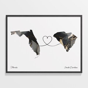 Print Florida naar South Carolina, South Carolinian cadeau, marmer twee landen kaart poster, reiskunst, kaart digitale nomad, C22-1340