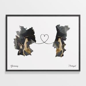 May include: A black and gold abstract map of Germany connected to a black and gold abstract map of Portugal by a line with a heart in the middle. The text "Germany" is below the map of Germany and the text "Portugal" is below the map of Portugal.