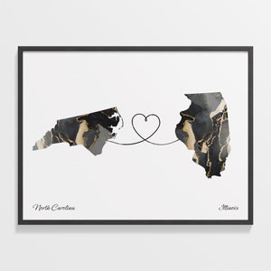 North Carolina to Illinois Print, Illinoisan Gift, Marble Two Countries Map Poster, Travel Art, Goodbye Map, C22-1625