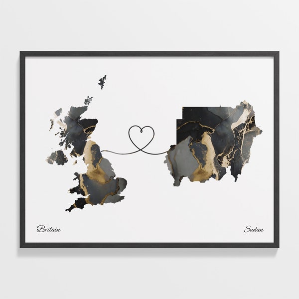 Britain to Sudan Print, Sudanese Gift, Marble Two Countries Map Poster, UK Wall Art, Long Distance Map, C22-371