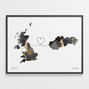 Impresión de Gran Bretaña a Eslovaquia, regalo eslovaco, cartel de mapa de dos países de mármol, arte de la pared del Reino Unido, mapa de viaje de despedida, C22-363