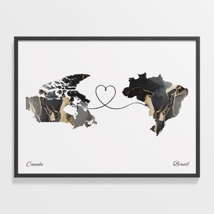 Kanada bis Brasilien Druck, Brasilien Geschenk, Marmor Zwei Länder Karte Poster, Reisekunst, Beziehungsgeschenk, C22-622