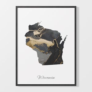 Wisconsin Art Print, Wisconsinite Map Poster, Elegantes Land Kunstwerk, Schwarz und Gold WI Malerei, Blattgold Druck, C25-248